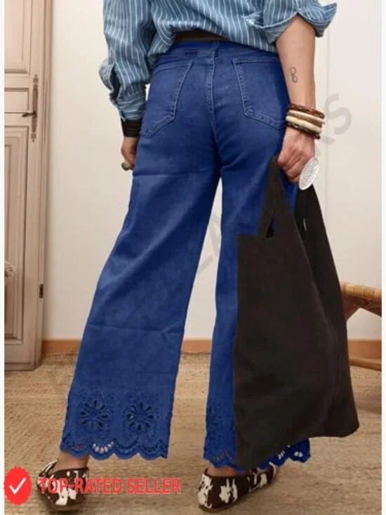 Wide Leg Embroidered Jeans High Waisted Stretchy Straight Leg Loose Fit Denim - Picture 3 of 4